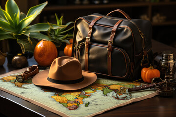 Top view of traveler accessories and items, such as a black hat and items for planning travel vacations, set against a world map. Generative Ai.