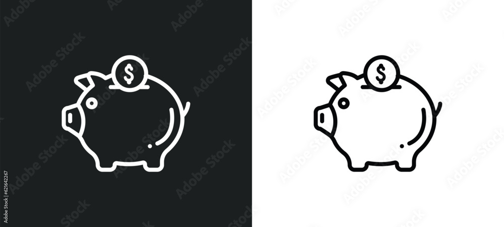 Poster piggy bank with coin outline icon in white and black colors. piggy bank with coin flat vector icon f