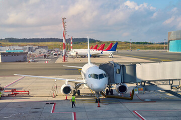 passenger plane is parked at the airport