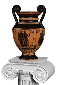 Ancient Greek antique vase for water and wine depicting a young couple of a man and a woman The object stands on a pedestal isolated on a white background.