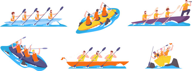 Rowing teamwork. People group with paddle on boat canoe in speed river competing race, water sport team together at kayak rower athletes boating crew, splendid vector illustration © ssstocker