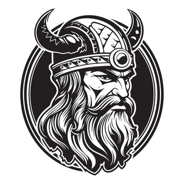 Head of a bearded viking with a formidable face in a helmet with horns isolated on a white background