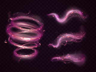Realistic pink wind. Flying rose petals flower fragrance magic whirlwind of cherry tree or sakura blossom, fresh floral glitter air vortex falling petal, exact vector illustration © ssstocker