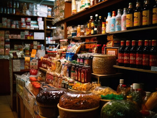 Assorted Chinese foods and spices for sale at a local market stall shop. Generative AI