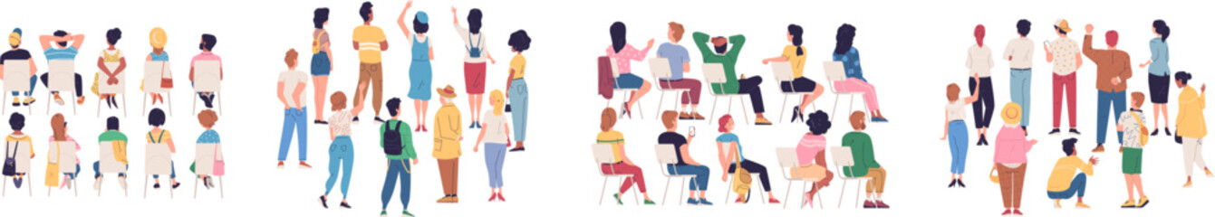 Audience back view. Behind crowd standing people group looking backside leader on rally event concert, human person stand-up or sit chair waiting meeting classy vector illustration