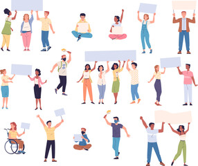 Rally participants. Protester people with banner political march participation strike public demonstration, angry protestor feminist or society movement classy vector illustration