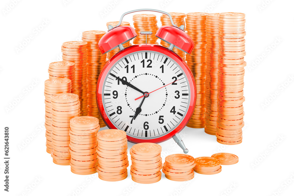 Poster alarm clock with growing chart from gold coins around, 3d rendering