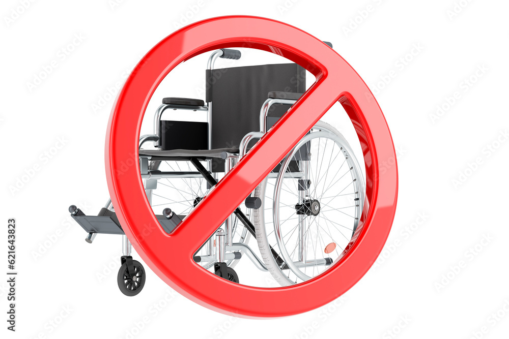 Poster manual wheelchair with forbidden symbol. 3d rendering
