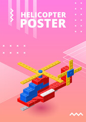 Vertical Poster with a helicopter assembled from plastic blocks in isometric style for print and design. Vector illustration.