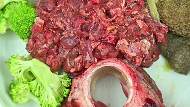 Dog food. Natural raw meat, chicken, tripe, cauliflower, seeds in white bowl Natural fresh foods for dogs