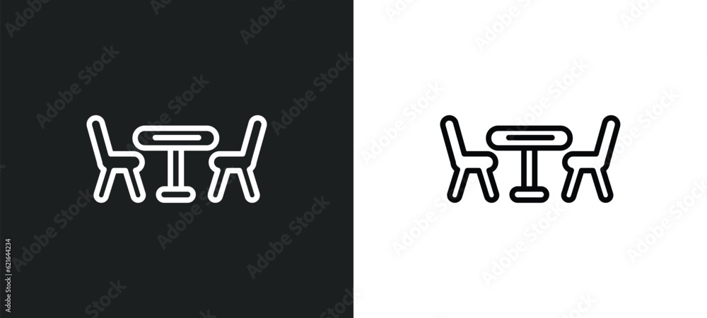 Poster chair and table outline icon in white and black colors. chair and table flat vector icon from city e