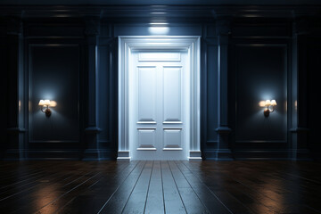 Symbolic doorway, White door in dark room emits radiant light, creating a striking visual contrast Generative AI