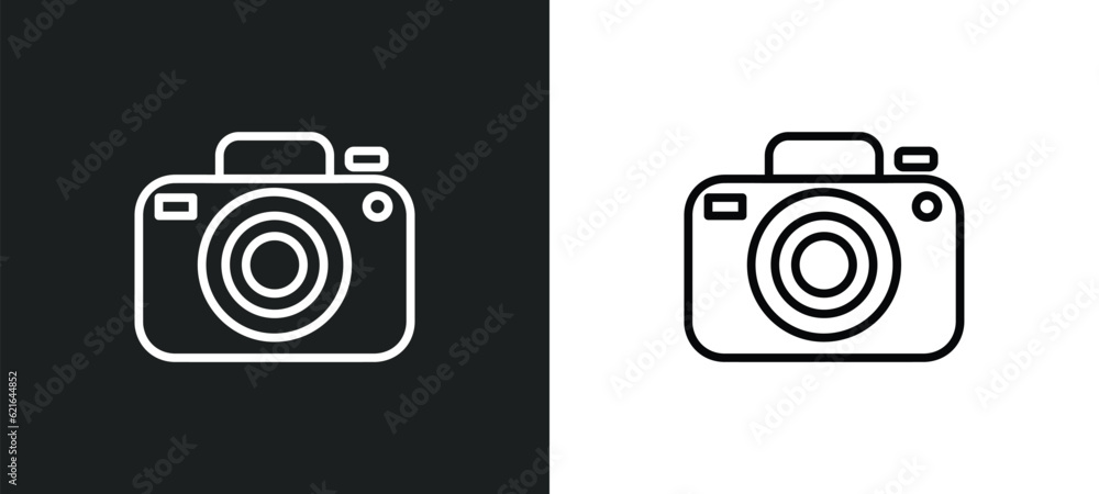 Poster dslr camera outline icon in white and black colors. dslr camera flat vector icon from cinema collect