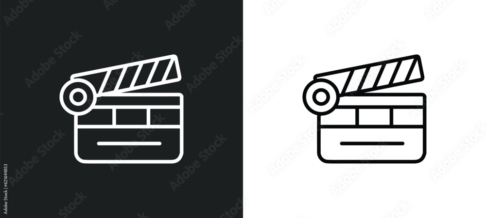 Poster movie clapper open outline icon in white and black colors. movie clapper open flat vector icon from 