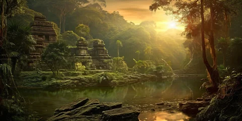 Fototapeten ancient and overgrown mayan temple ruins in the jungle, lost place in the amazon rainforest, fictional landscape created with generative ai © CROCOTHERY