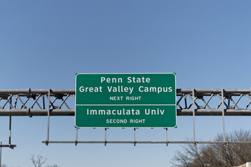 Exit sign in Berwyn, Pennsylvania on US202 South for Penn State Great Valley Campus and Immaculata University