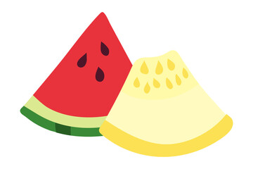 Pieces of yellow melon and watermelon. Quarter of melon and watermelon. Summer fruits. Sweet pulp with seeds. Juicy Food. isolated object. Color image. Vector illustration.