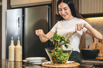 Housewife is preparing ingredient to mixing fresh vegetable sala