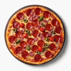 Ai generated. Pizza pepperoni with fresh basil and tomatoes . Isolated on white 