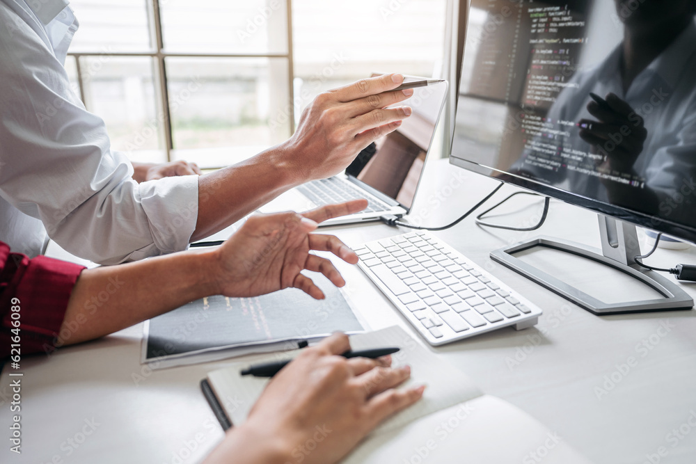 Aufkleber programmers cooperating at developing programming and website wo