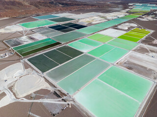 Lithium fields / evaporation ponds in the Atacama desert in Chile, South America - a surreal landscape where batteries are born - obrazy, fototapety, plakaty