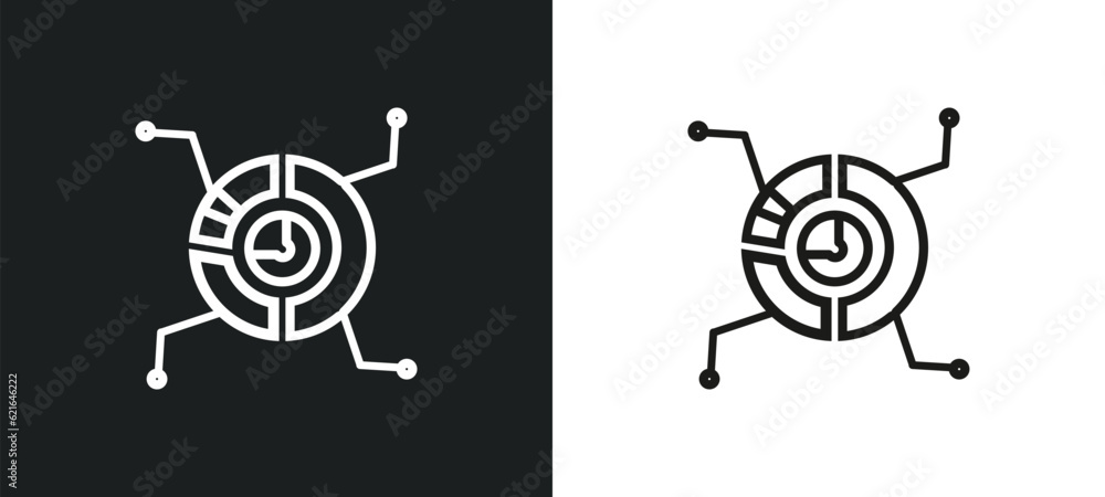 Poster data analysis pie chart outline icon in white and black colors. data analysis pie chart flat vector 