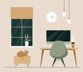 Workspace with desk, desktop computer, coffee. Work hard and too late concept. Sleeping cat and night outside the window. Modern minimalistic interior design. Japandi or Scandinavian interior style