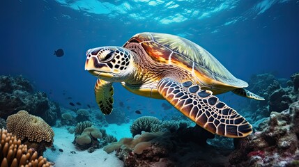 Majestic Green Sea Turtle Swims Freely Along Cyprus Coastline in the Mediterranean Sea. Generative AI
