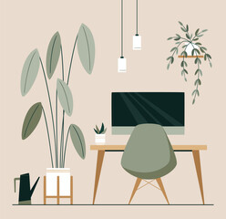 Workspace with desk, desktop computer, plant in earth tones. Green Office Concept. Modern minimalistic interior design. Japandi or Scandinavian interior style
