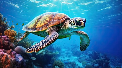 Obraz premium Majestic Green Sea Turtle in the Sparkling Mediterranean Sea of Cyprus, an Underwater Adventure: Generative AI