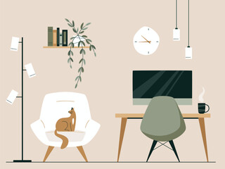 Workspace with desk, desktop computer, plant in earth tones. Lounge chair with floor lamp and cat Home Office Concept. Modern minimalistic interior design. Japandi or Scandinavian interior style