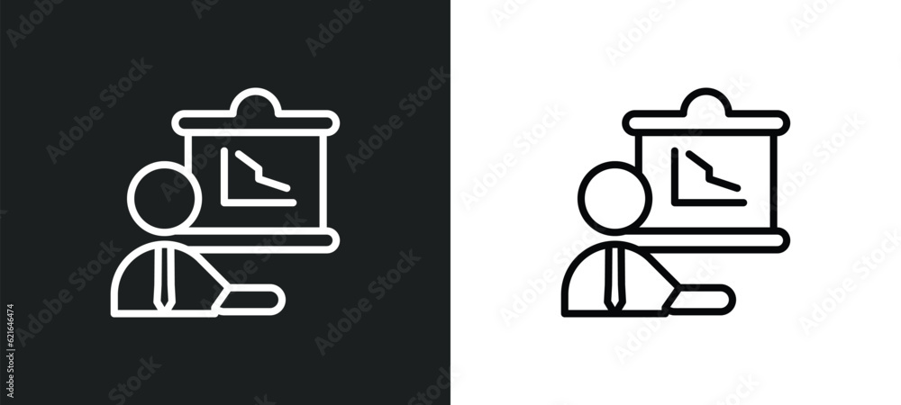 Poster person explaining strategy outline icon in white and black colors. person explaining strategy flat v