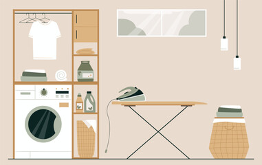 Laundry room with clean or dirty clothes and equipment and furniture. Washing machine, hanger ironing board, basket with dirty stained linen, accessories and plants. Japandi or Scandinavian interior
