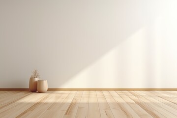 Minimal Empty Wall Mockup with White Wall and Wood Floor. 3D Rendering with Play of Light and Shadow. Generative AI