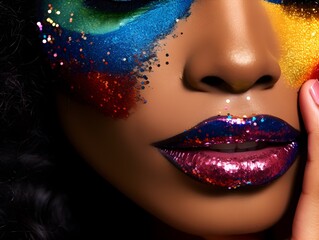 Professional Makeup Models, Glitter, Bold and Daring Style, Colorful, Vivid, Extreme Angle, Generative AI, Fashion and Beauty, Closeup Face View