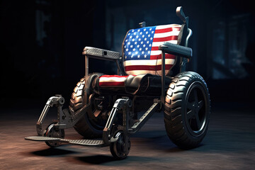 Fototapeta premium Wheelchair adorned with the USA flag, symbolizing mobility and independence for individuals with disabilities in the American context. Generative Ai, Ai.