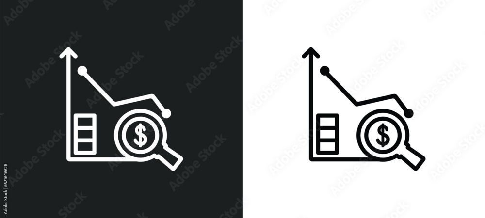 Poster dollar analysis bars outline icon in white and black colors. dollar analysis bars flat vector icon f