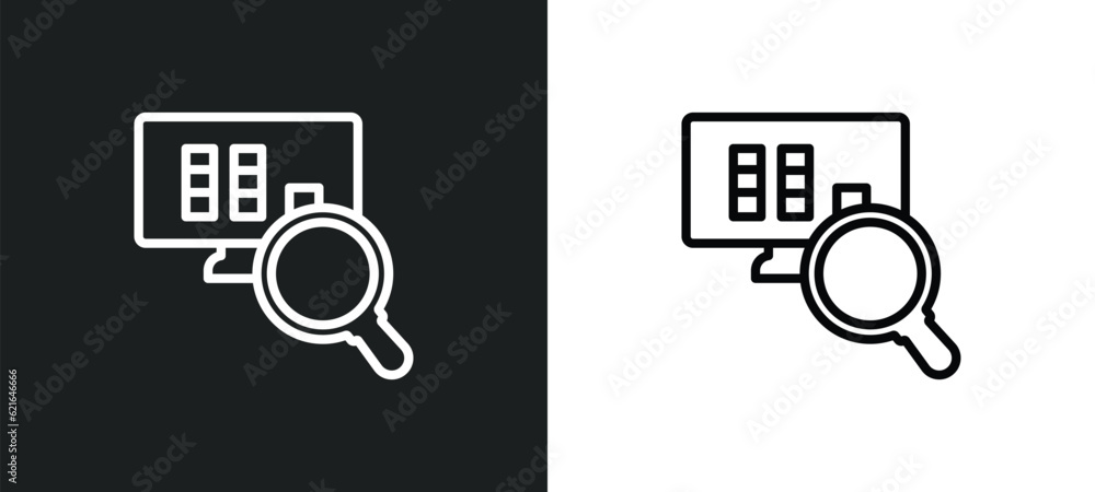 Poster database analysing outline icon in white and black colors. database analysing flat vector icon from 