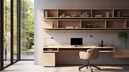 A modern home office with a sleek desk, ergonomic chair, and natural lighting, generative ai