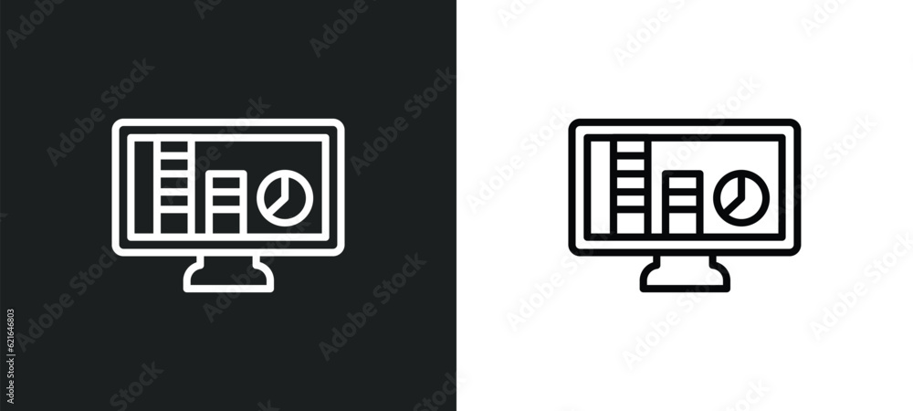 Poster analytics monitor outline icon in white and black colors. analytics monitor flat vector icon from an
