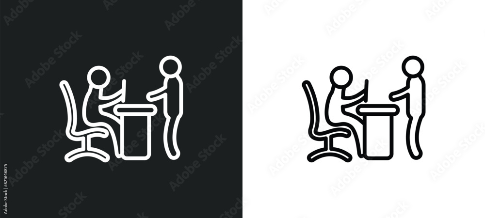 Poster boss reading a document outline icon in white and black colors. boss reading a document flat vector 