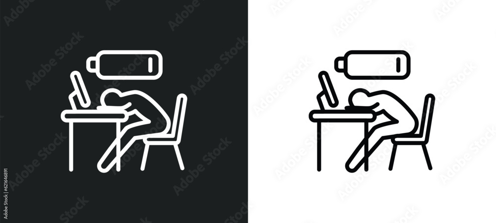 Poster sleepy worker at work outline icon in white and black colors. sleepy worker at work flat vector icon