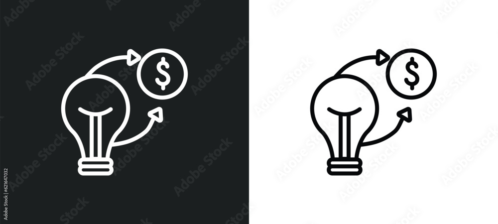 Aufkleber converting ideas in money outline icon in white and black colors. converting ideas in money flat vec