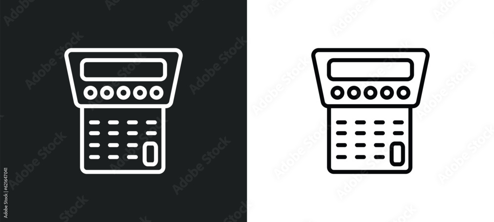 Poster calculator maths tool outline icon in white and black colors. calculator maths tool flat vector icon