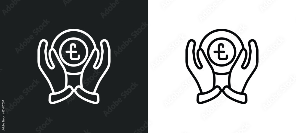 Poster pound coin on hands outline icon in white and black colors. pound coin on hands flat vector icon fro