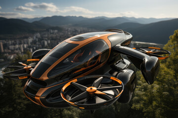An electric air taxi eVTOL soaring high above a cityscape, illustrating the future concept of urban air mobility and innovative transportation solutions. Generative Ai.