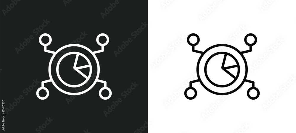 Poster pie chart and connections outline icon in white and black colors. pie chart and connections flat vec