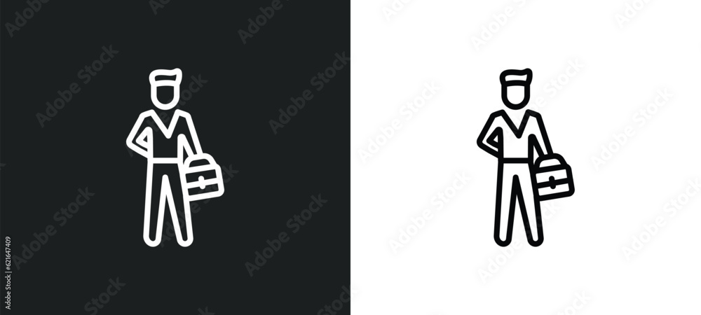 Poster success man with suitcase outline icon in white and black colors. success man with suitcase flat vec