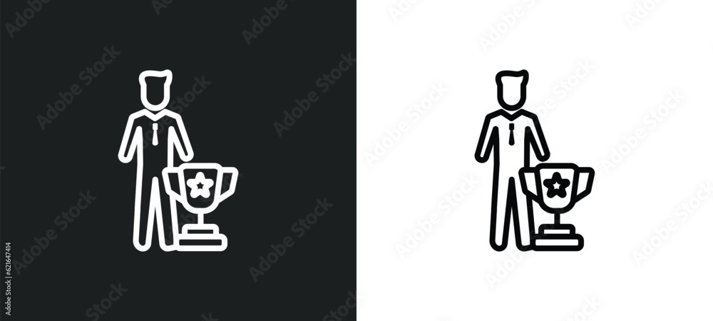 Poster man succesing outline icon in white and black colors. man succesing flat vector icon from business c