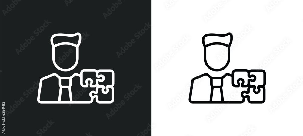 Poster man with solutions outline icon in white and black colors. man with solutions flat vector icon from 